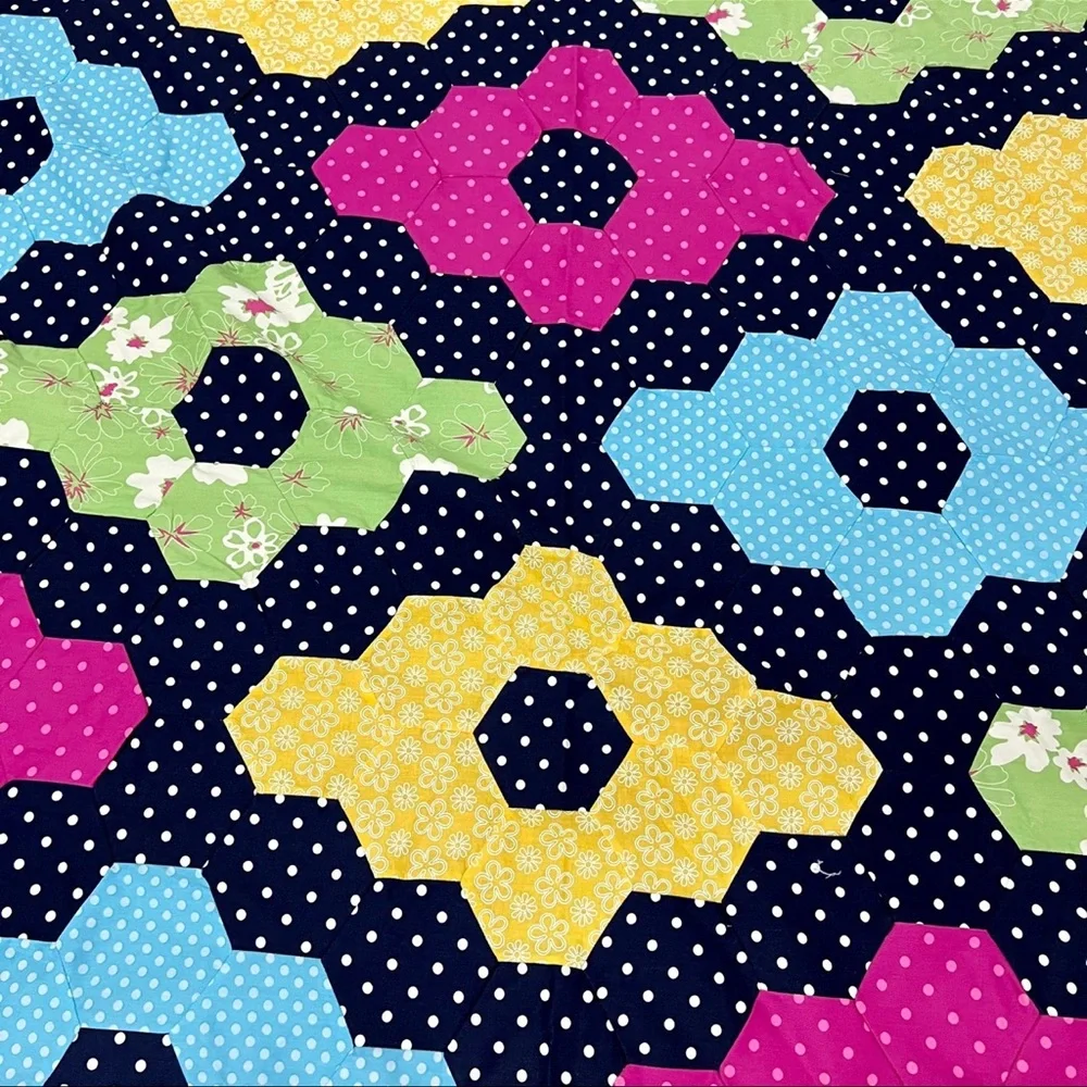 Handmade Flower Hexagon Sewing Patchwork Cotton Queen size Quilt Top/Topper